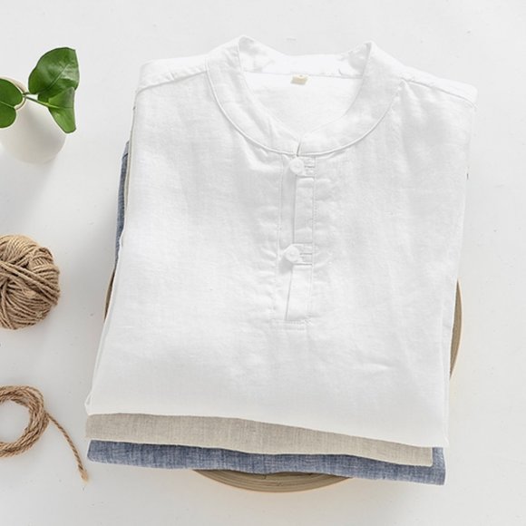 Buttoned Round Neck Short Sleeve Linen Tee - Picture 9 of 10